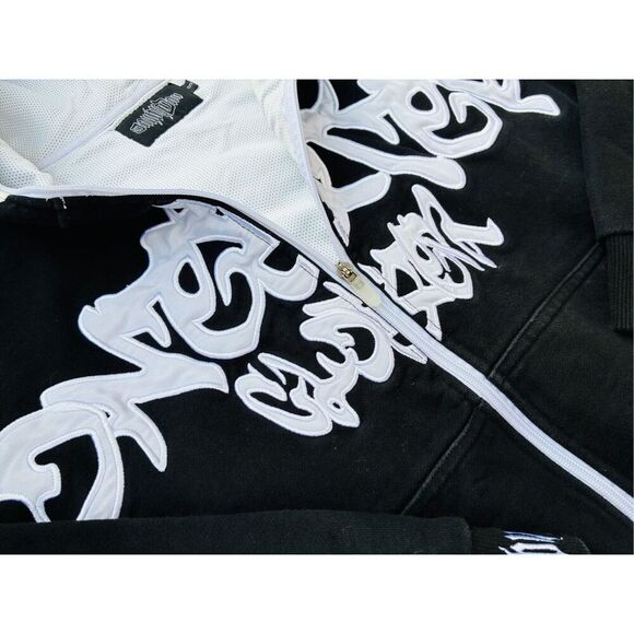 Y2K Black SZ S Irregular Pattern Gothic Punk Full Zip-Up Hoodie Jacket - Picture 11 of 15
